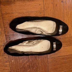 COACH flat black patent leather & suede shoes with gold color metal detail